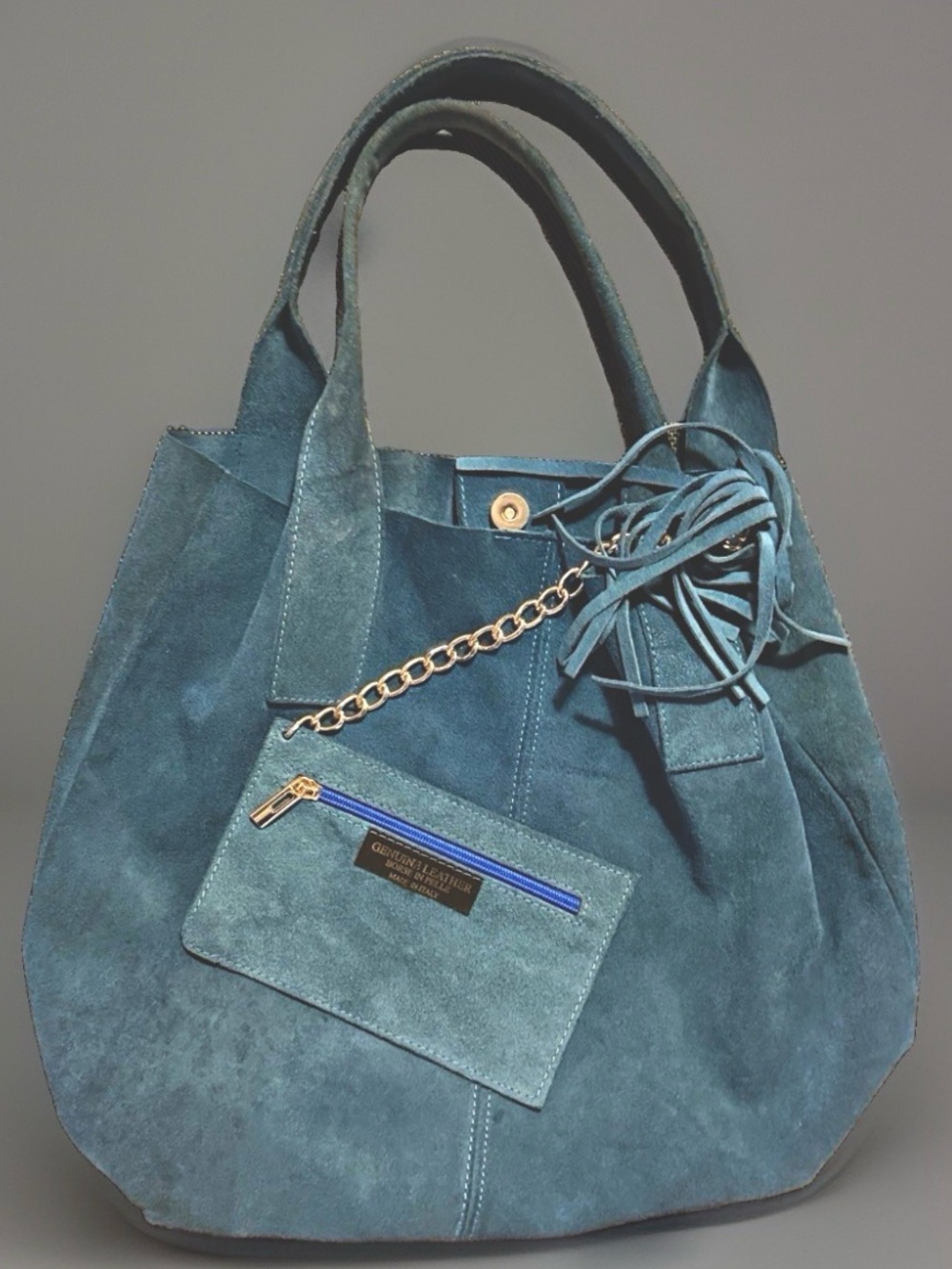 Vintage Italian Teal Suede Leather Bag Slouchy Hobo Purse with Tassel and Pouch!